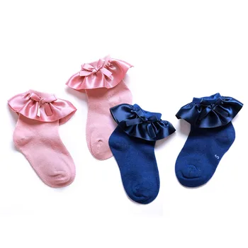 2 Пары/лот, Летние хлопчатобумажные носки для девочек с милым кружевным бантом, однотонные короткие носки до щиколотки с оборками sk139