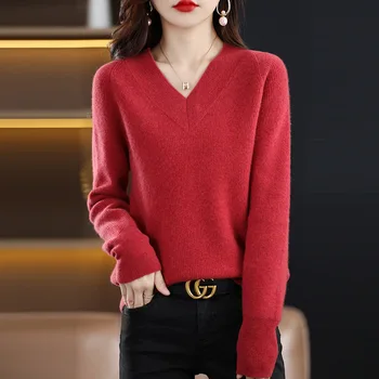 2023 Новый Корейский стиль, Пуловер из чистой шерсти, Свитер, Женская внутренняя одежда, обычная рубашка с V-образным вырезом и длинным рукавом