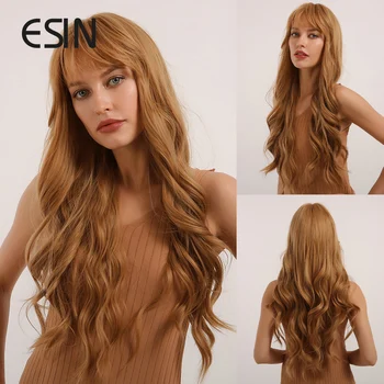ESIN Синтетический Парик из каштановых волос с Челкой, Длинные Парики из натуральных Волнистых волос для женщин, Вечерние, Ежедневный Косплей, Бесплатная сетка для волос