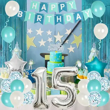 Funmemoir, Бирюзово-голубые украшения на 15-й день рождения для девочек, Бирюзовый Баннер с Днем Рождения, Номер 15, Воздушные шары из фольги, принадлежности для вечеринок