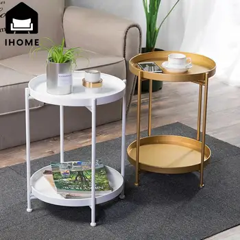 IHOME Nordic Минималистичный железный двухслойный Журнальный столик, Маленький круглый столик, мини-диван в гостиной, Круглый маленький приставной столик 2023