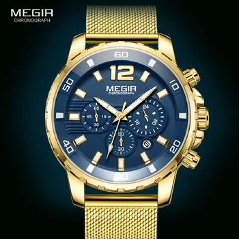 Megir 2023 Мужские Стильные спортивные часы Элитного бренда с синим циферблатом, кварцевые наручные часы, Водонепроницаемые Часы с золотым сетчатым ремешком