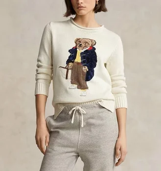 RL/ Новый пуловер с круглым вырезом, модный вязаный свитер с длинными рукавами и рисунком медведя, темпераментный пригородный свитер