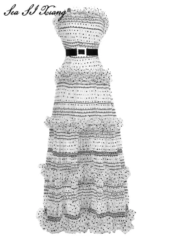 Seasixiang, Модное дизайнерское Весенне-летнее Женское сетчатое платье в горошек с вырезом лодочкой, пояс с кристаллами, Элегантные вечерние платья с открытой спиной