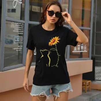 YRYT Новый модный женский топ с принтом подсолнуха и кота, Свободная футболка с круглым вырезом и коротким рукавом большого размера