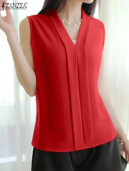 ZANZEA/ женская модная блузка с V-образным вырезом, летние рабочие рубашки без рукавов OL, повседневная офисная рубашка, праздничные топы на бретелях, женские однотонные блузы