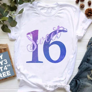 Акварельные Милые футболки с принтом 16 букв, Подарок на День Рождения для девочек, Белая футболка с коротким рукавом, Женская одежда в стиле Харадзюку Каваи