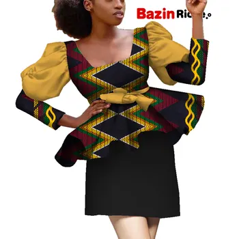 Африканская одежда, Женский костюм из 2 предметов, Плиссированный топ с длинным рукавом + Мини-юбка, Хлопковые Женские комплекты Традиционной Одежды WY5123