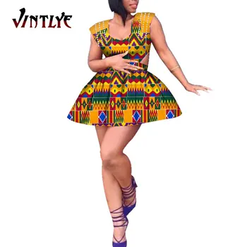 Африканские платья для женщин с принтом Анкары, Модное короткое платье Дашики, женский праздничный наряд без рукавов, Сексуальные женские платья с V-образным вырезом Wy6825