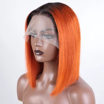 Гладкие прямые Парики из человеческих волос Боб для женщин 13X6X1 Оранжевого цвета на кружеве с черным корнем, бразильские парики Омбре