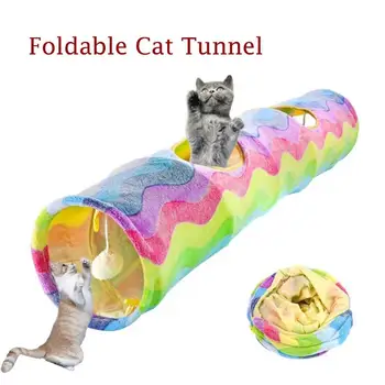 Длинная прямая плюшевая игрушка-туннель для кошек с шариком, складной устойчивый к царапинам туннель-убежище, товары для домашних животных (радужная волна)