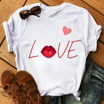 Женская футболка с принтом Губ Love Heart с коротким рукавом и круглым вырезом, Свободная Женская футболка, Женская футболка, топы, Одежда Camisetas Mujer