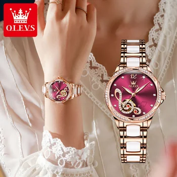 Женские Механические часы OLEVS с керамическим ремешком из нержавеющей стали, элегантные женские наручные часы, браслет, ожерелье, Подарочная коробка
