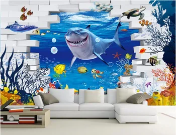 Изготовленная на заказ фреска 3D обои с изображением Акулы кирпичная стена гостиная домашний декор живопись 3d настенные фрески обои для стен 3 d