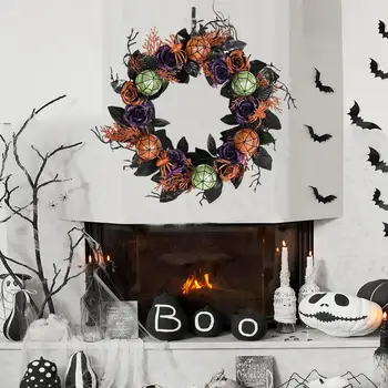 Изысканный Венок на Хэллоуин, Жуткие венки на Хэллоуин, Реалистичный декор входной двери с искусственными розами, Черепа для внутреннего/наружного использования