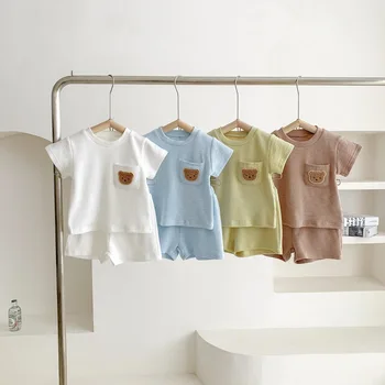 Летний комплект детской одежды 2023 года, футболка с вафельным мишкой и шорты, Костюмы из 2 предметов, комплект одежды для маленьких девочек