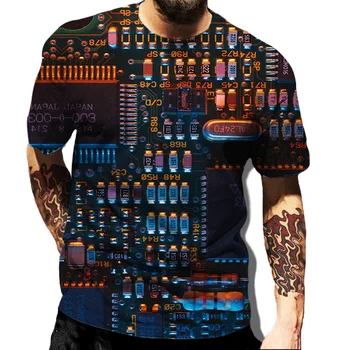 Летняя модная футболка с принтом электронного чипа, крутая футболка с рисунком печатной платы, мужские трендовые топы в стиле хип-хоп с коротким рукавом