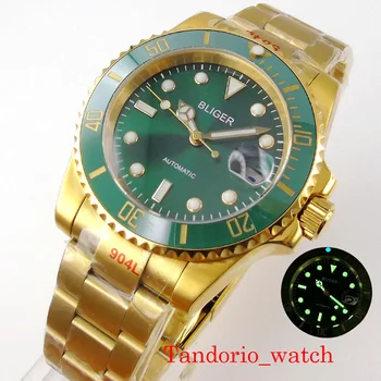 Мужские часы BLIGER 40mm NH35A PT5000 со светящимся автоматическим механизмом, роскошные мужские часы с покрытием из желтого золота, Зеленый циферблат Sunburst, Сапфировое стекло, светящийся