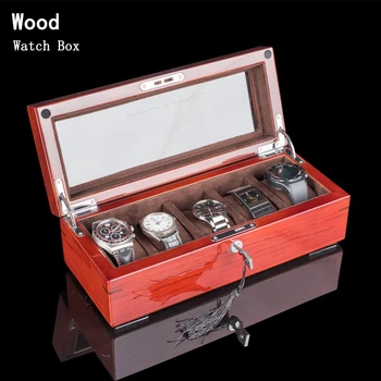 Новая Деревянная коробка для часов с 5 слотами, Органайзер, Красный футляр для часов, Коробка для хранения, Роскошный держатель для часов с замком, коробка для хранения ювелирных изделий