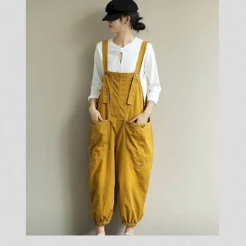 Однотонные комбинезоны для женщин, Свободные прямые брюки в стиле Харадзюку, цельные наряды, Женская рабочая одежда, повседневные винтажные комбинезоны в корейском стиле