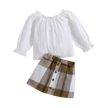 Осенняя одежда для маленьких девочек, комплект из 2 предметов, Топы с длинными рукавами и открытыми плечами, футболка, мини-юбки в клетку, наряды