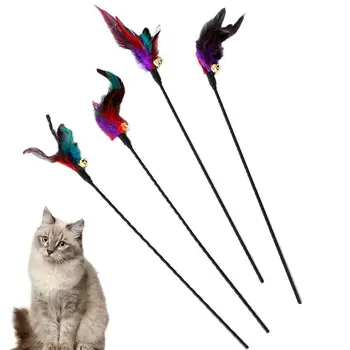 Палочка из кошачьих перьев, Интерактивная игрушка для кошек с колокольчиком, натуральные игрушки-дразнилки для кошек, Проволочная палочка для ловли, Удочка для кошек, товары для домашних животных
