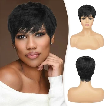Парик Pixie Cut из человеческих волос, Парики из 100% человеческих волос с челкой, натуральный Короткий черный парик, Многослойный волнистый парик для женщин