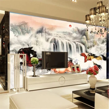 Пользовательские обои 3D фреска из папье-маше гостиная в стиле музы восемь лошадей водопад китайская живопись ТВ фон обои