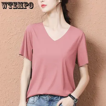 Футболка WTEMPO Ice Silk с коротким рукавом, однотонная футболка с V-образным вырезом, Корейская версия, Свободный топ, Модная уличная одежда, Повседневный женский топ